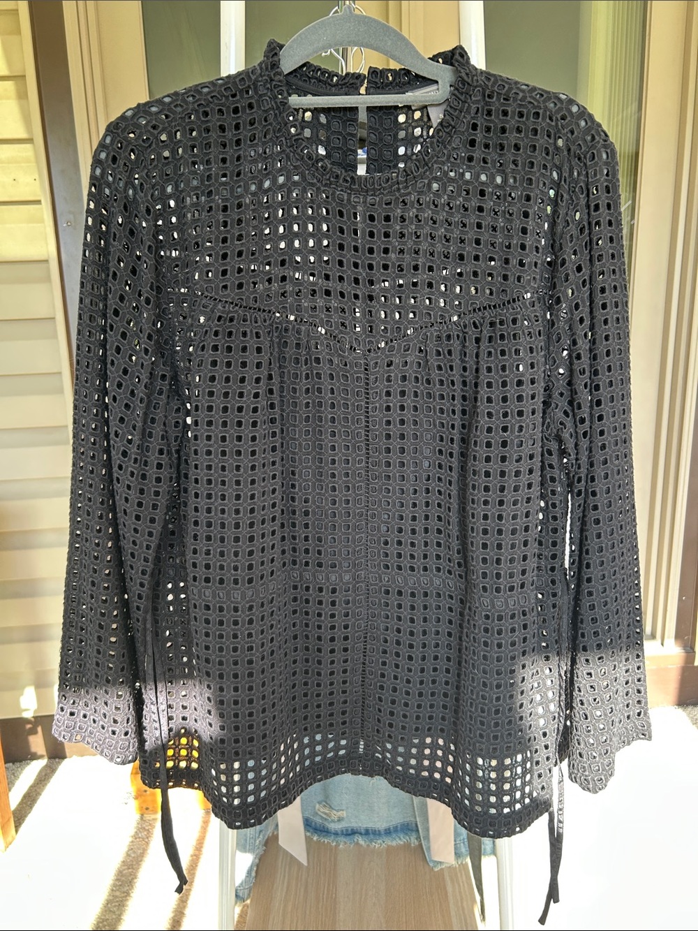 J. Crew Point Sur Black Eyelet Long-Sleeve Top